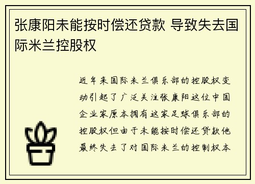张康阳未能按时偿还贷款 导致失去国际米兰控股权 张康阳未能按时偿还贷款 导致失去国际米兰控股权